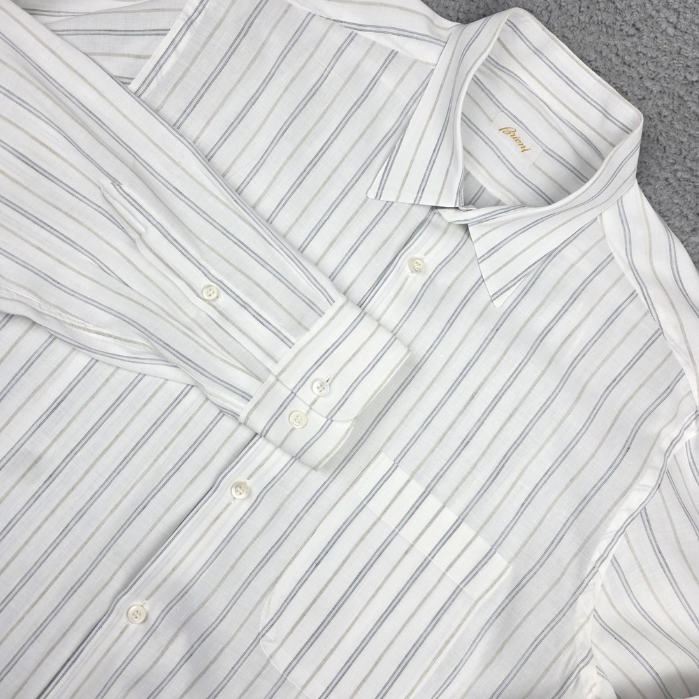 Brioni Button Up Shirt Mens XL White Striped Linen Cotton Made in Italy Luxury